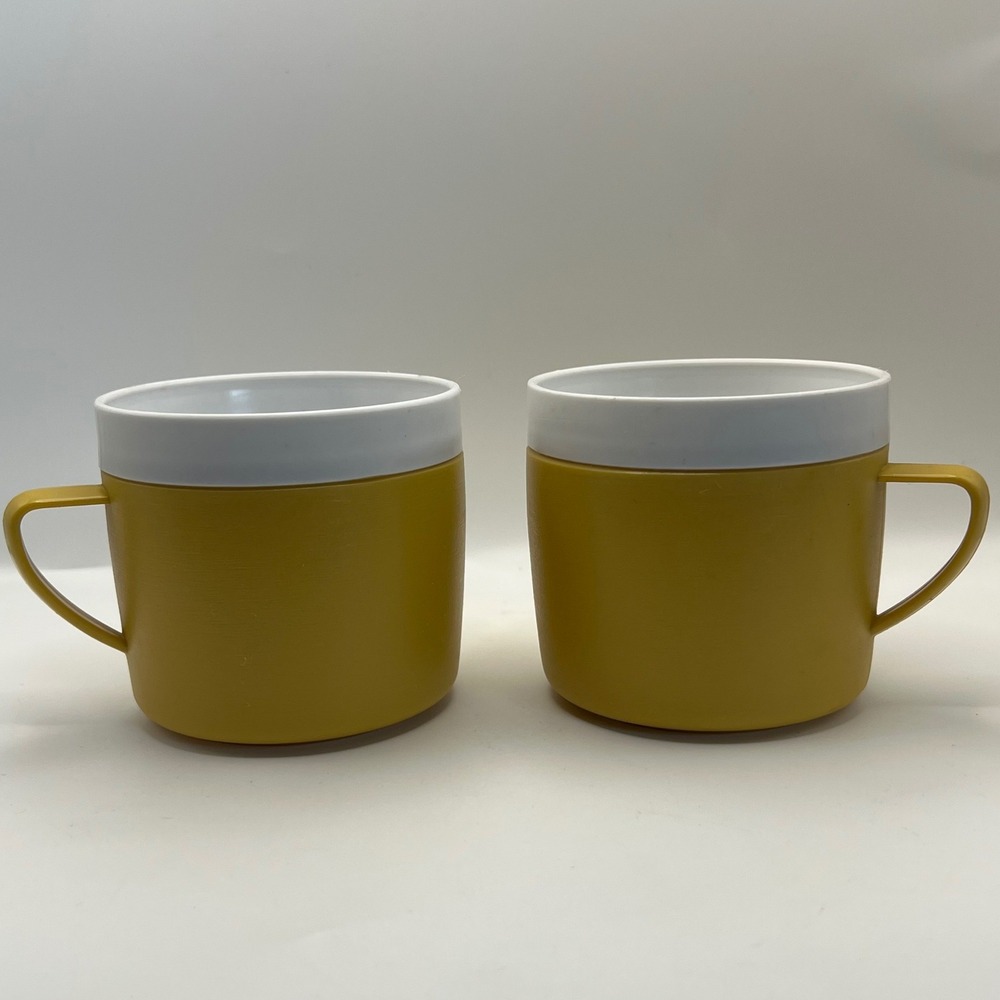 Royal Satin Therm-o-Ware Mustard and White Plastic Coffee Cups vtg kitsch 60s